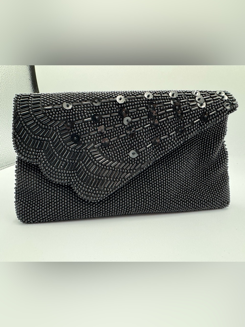 Beaded Black Evening Clutch with Scallop Flap